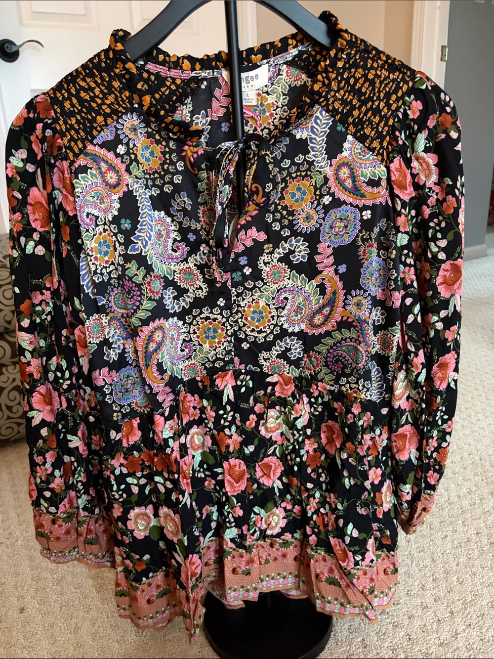 Umgee Black Floral Paisley Smocked Tie-Neck Blouse
